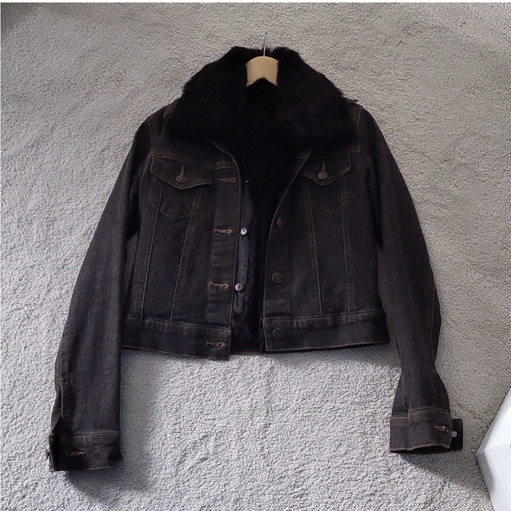 Theory Black Denim Jacket with genuine Rabbit Fur layer